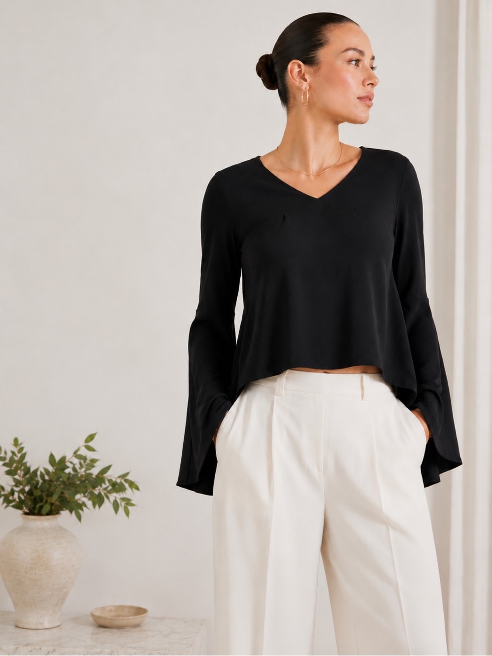 Kit and Ace Black Bell Sleeve High Low Architectural Top